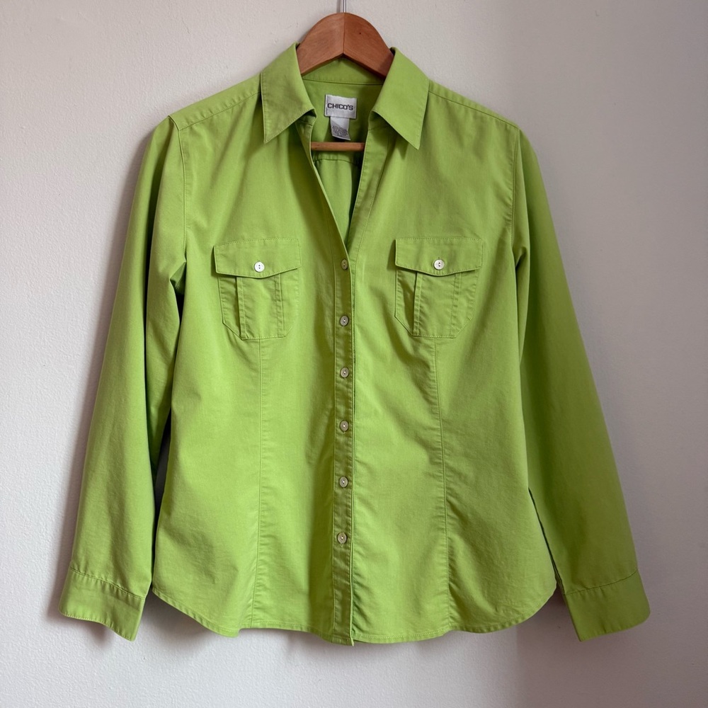 Chico’s Green Lime Button Front Shirt Size 1 Women’s Cotton Stretch Long Sleeve